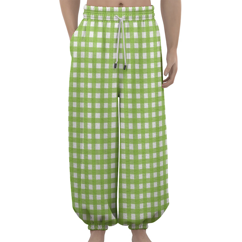 Green And White Check Pattern Print Lantern Pants