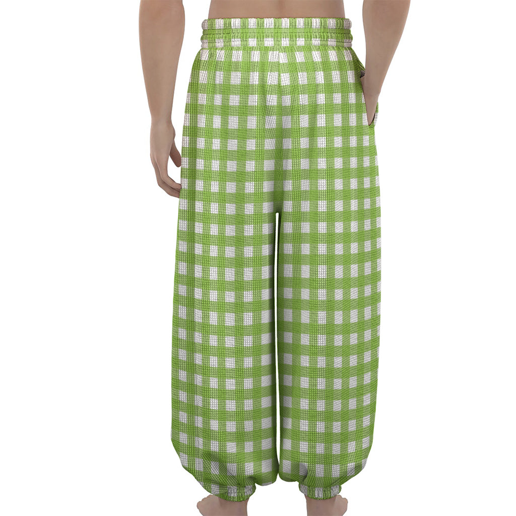 Green And White Check Pattern Print Lantern Pants