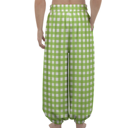 Green And White Check Pattern Print Lantern Pants
