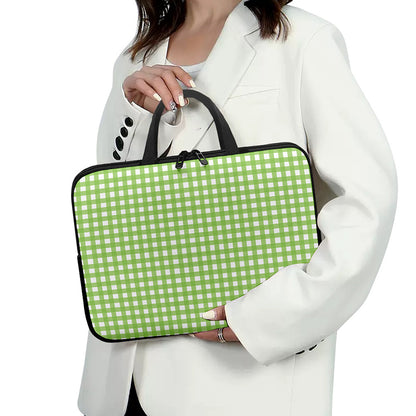 Green And White Check Pattern Print Laptop Sleeve With Handle