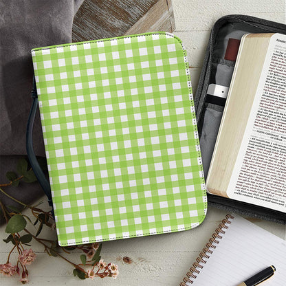 Green And White Check Pattern Print Leather Bible Cover