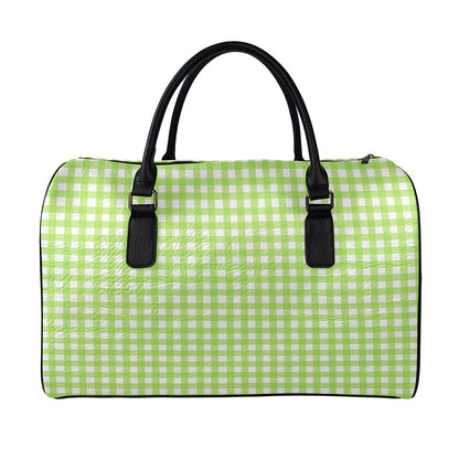 Green And White Check Pattern Print Leather Duffle Bag