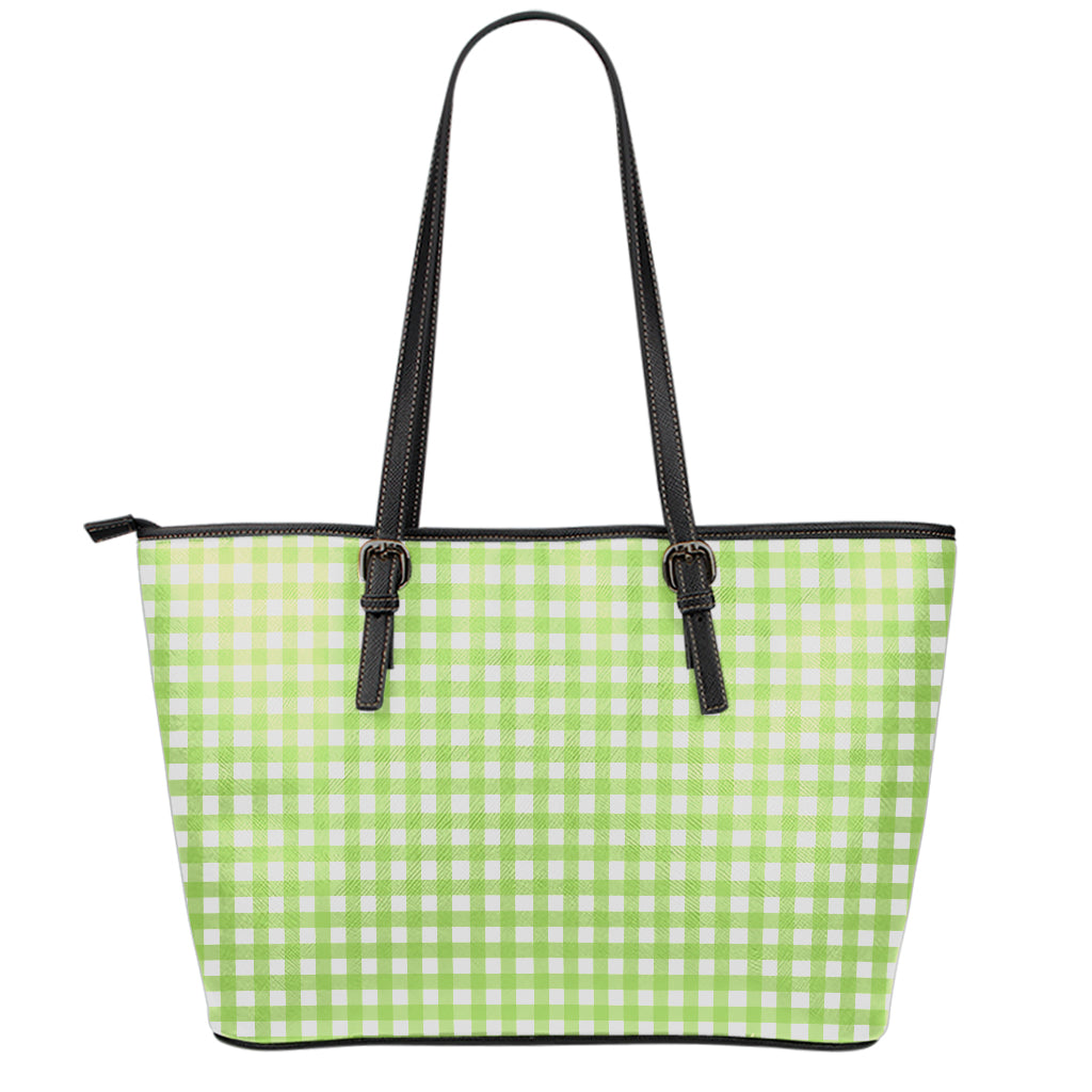 Green And White Check Pattern Print Leather Tote Bag