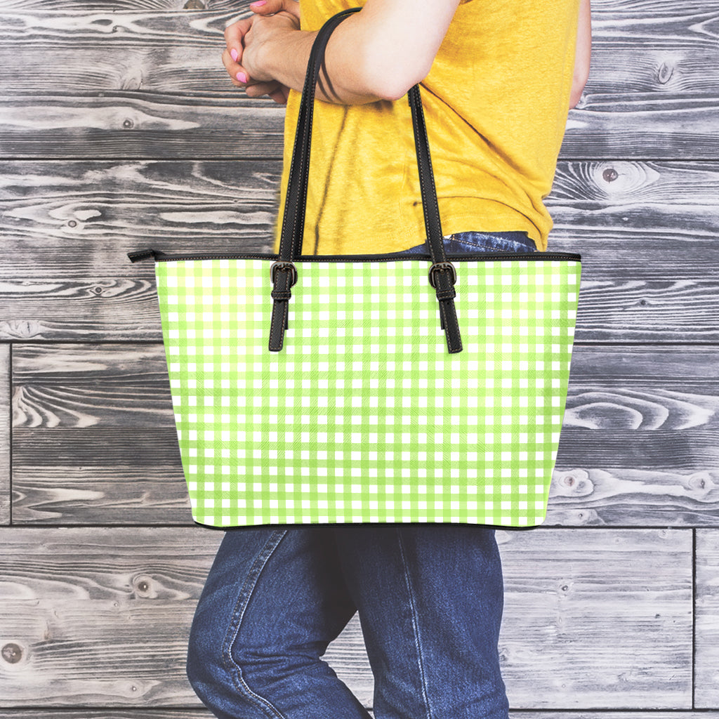 Green And White Check Pattern Print Leather Tote Bag