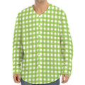 Green And White Check Pattern Print Long Sleeve Baseball Jersey