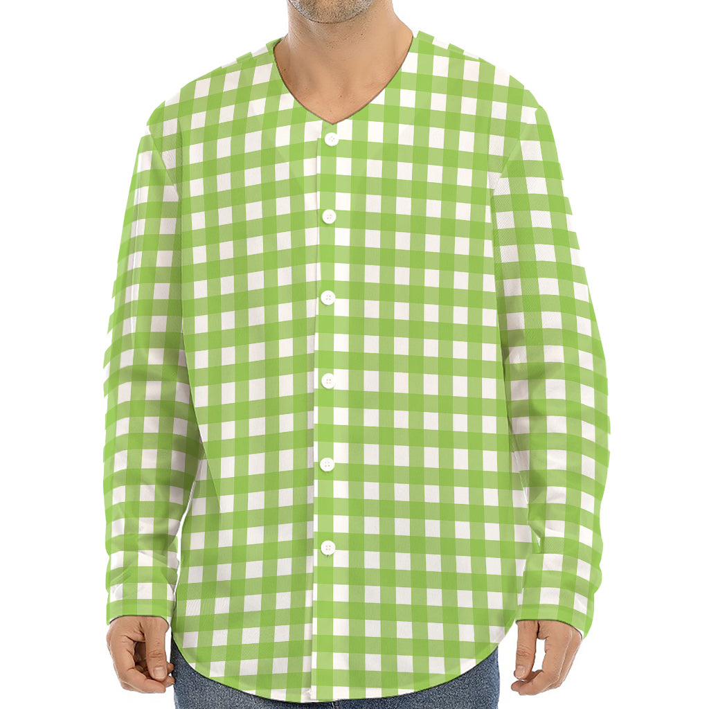 Green And White Check Pattern Print Long Sleeve Baseball Jersey
