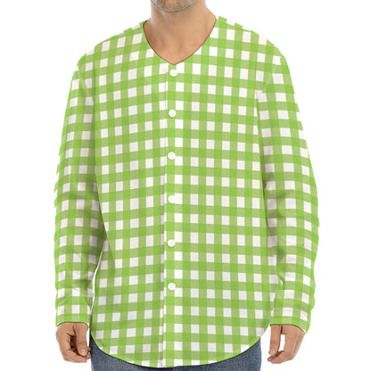 Green And White Check Pattern Print Long Sleeve Baseball Jersey