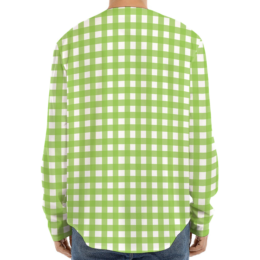 Green And White Check Pattern Print Long Sleeve Baseball Jersey