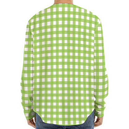 Green And White Check Pattern Print Long Sleeve Baseball Jersey