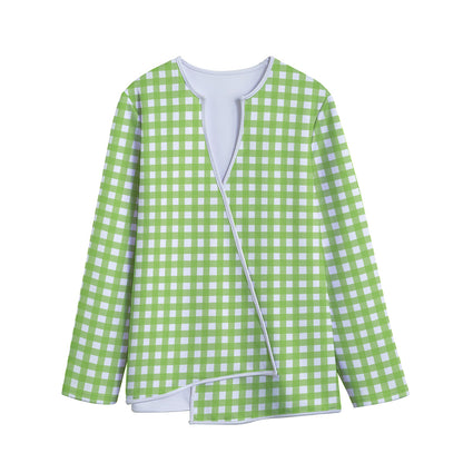 Green And White Check Pattern Print Long Sleeve Short Coat