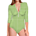 Green And White Check Pattern Print Long Sleeve Swimsuit