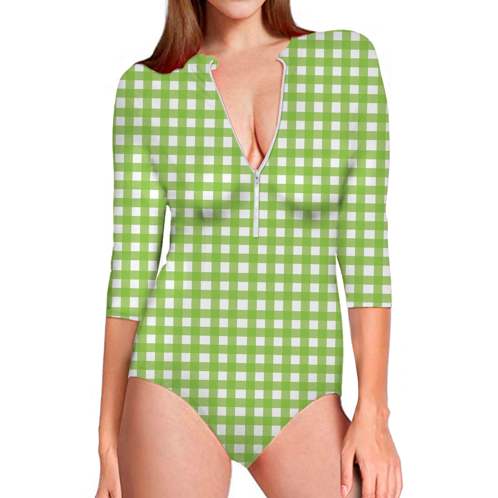 Green And White Check Pattern Print Long Sleeve Swimsuit
