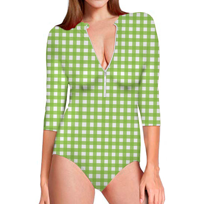 Green And White Check Pattern Print Long Sleeve Swimsuit