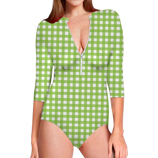 Green And White Check Pattern Print Long Sleeve Swimsuit
