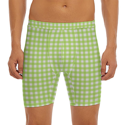 Green And White Check Pattern Print Men's Long Boxer Briefs