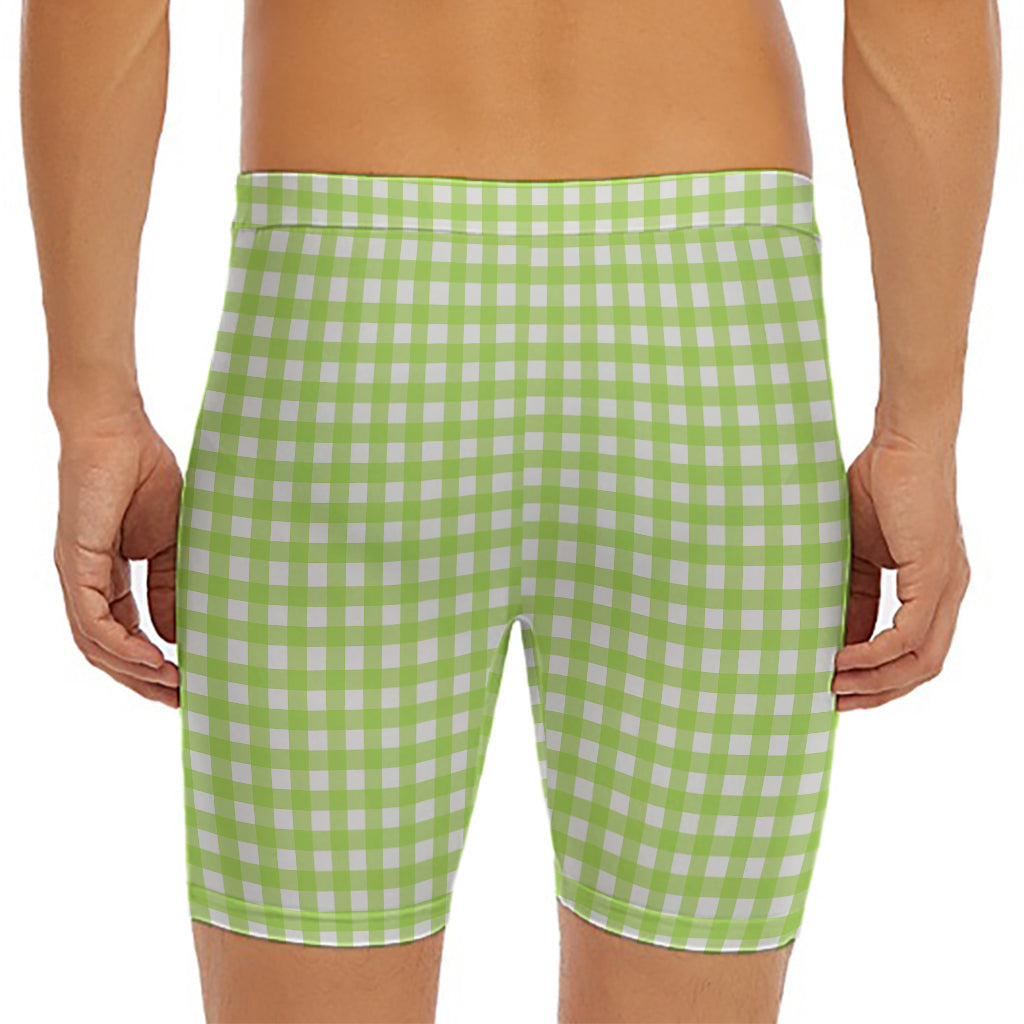 Green And White Check Pattern Print Men's Long Boxer Briefs