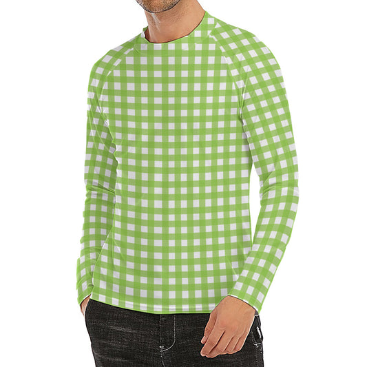 Green And White Check Pattern Print Men's Long Sleeve Rash Guard
