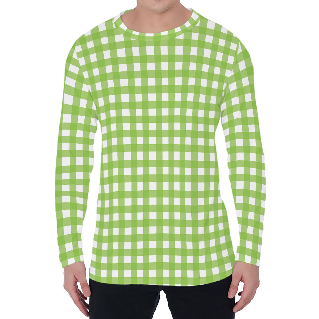 Green And White Check Pattern Print Men's Long Sleeve T-Shirt