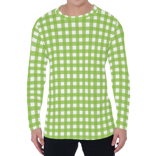 Green And White Check Pattern Print Men's Long Sleeve T-Shirt
