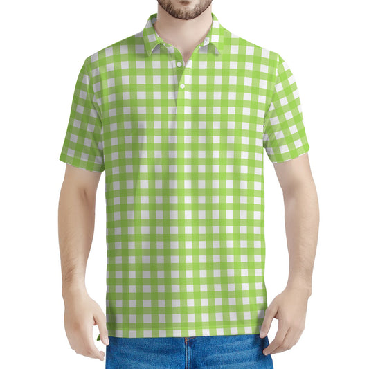 Green And White Check Pattern Print Men's Polo Shirt