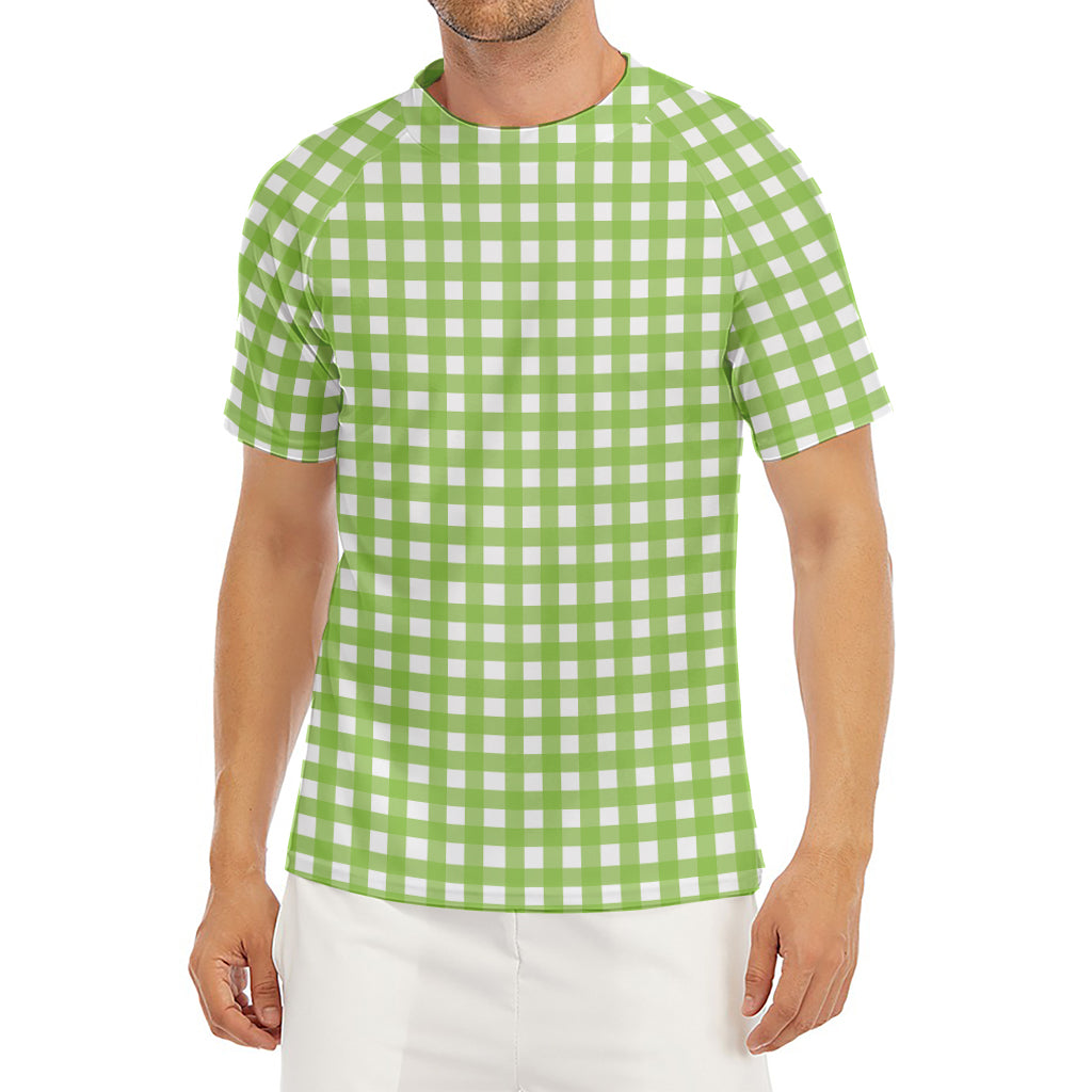 Green And White Check Pattern Print Men's Short Sleeve Rash Guard