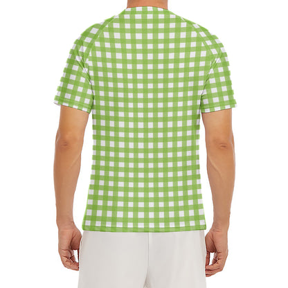 Green And White Check Pattern Print Men's Short Sleeve Rash Guard
