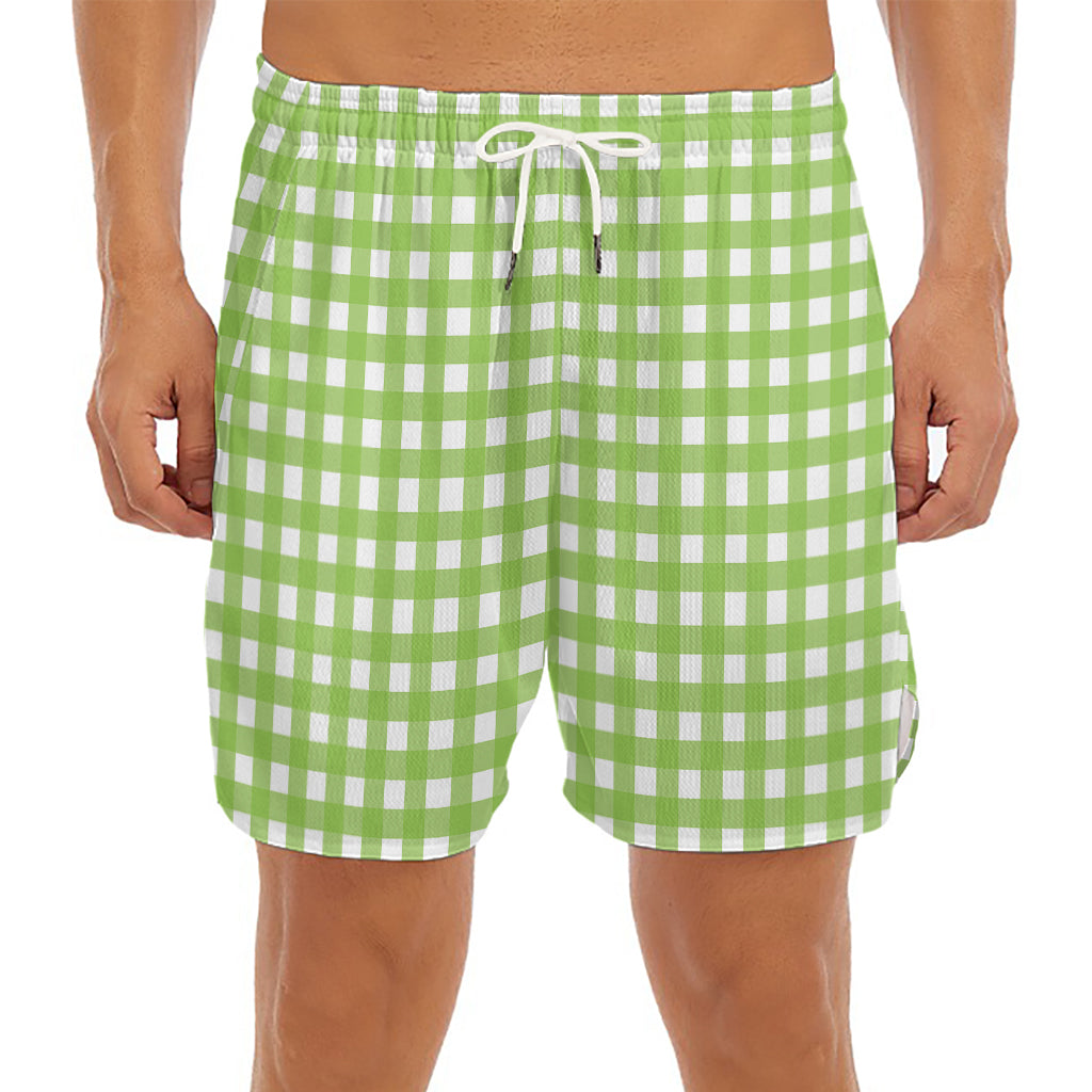 Green And White Check Pattern Print Men's Split Running Shorts