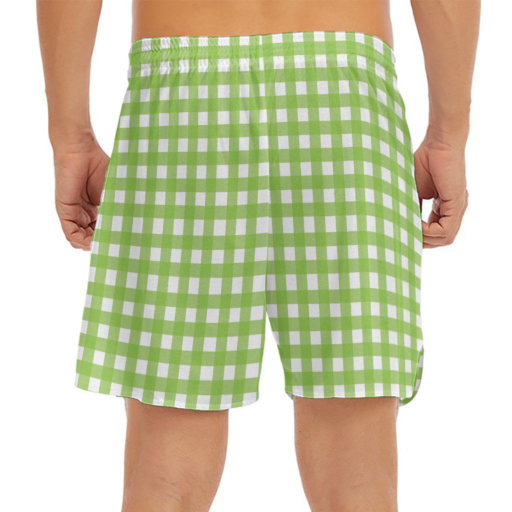 Green And White Check Pattern Print Men's Split Running Shorts