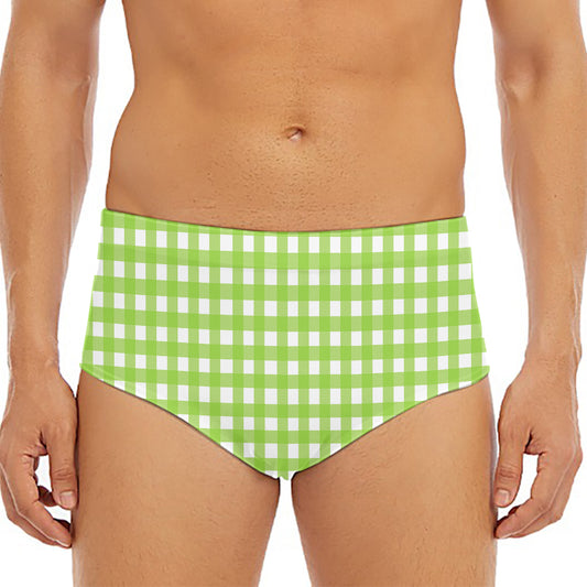 Green And White Check Pattern Print Men's Triangle Swim Briefs