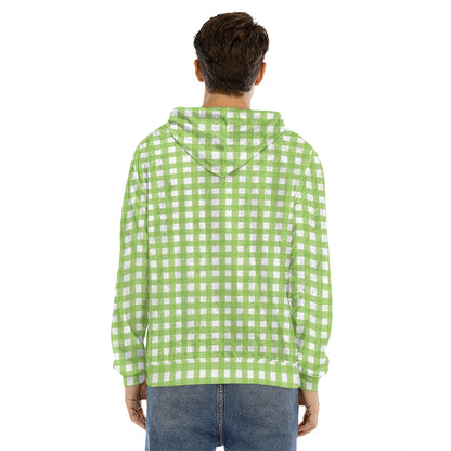 Green And White Check Pattern Print Men's Velvet Pullover Hoodie