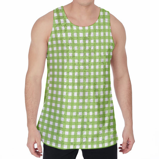 Green And White Check Pattern Print Men's Velvet Tank Top