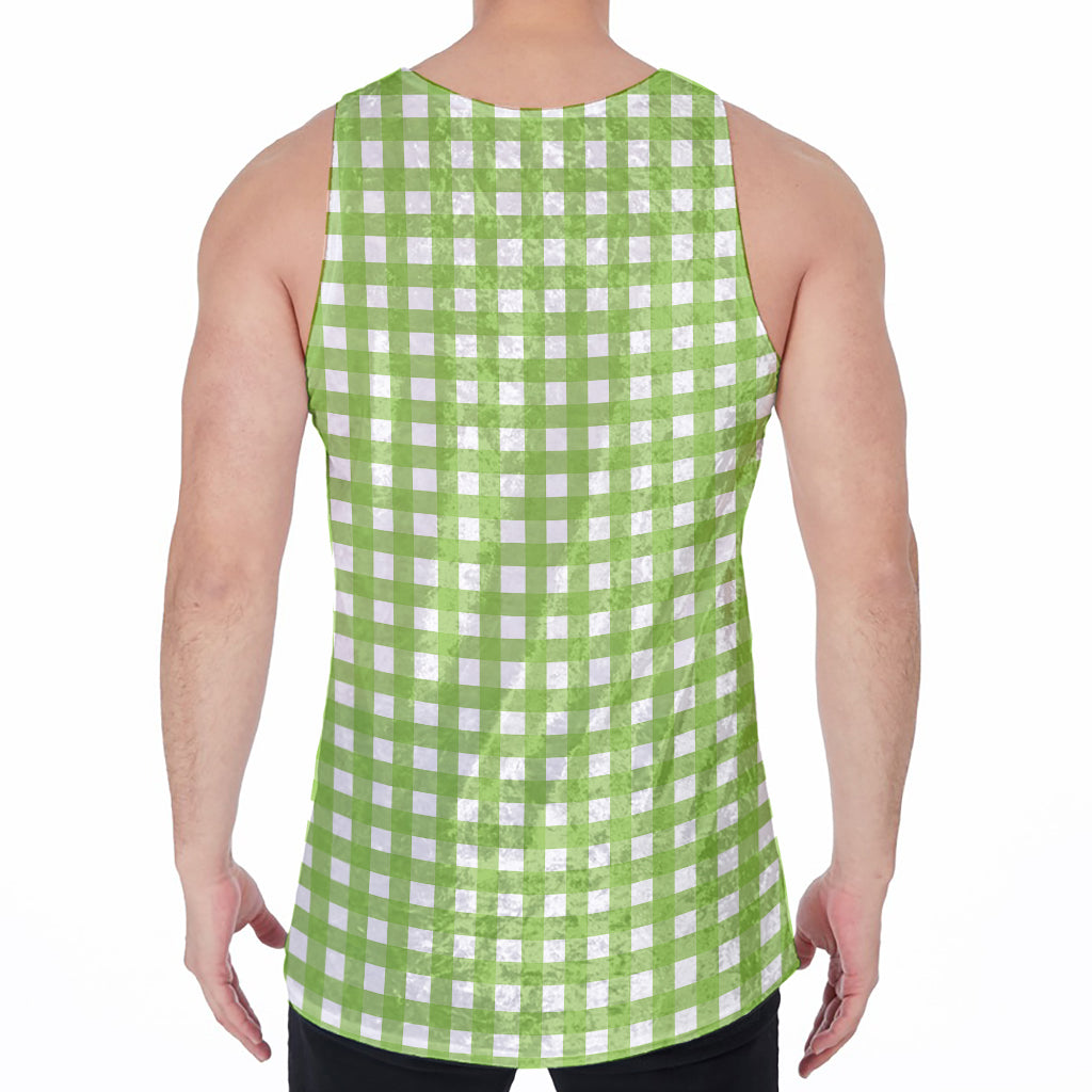 Green And White Check Pattern Print Men's Velvet Tank Top