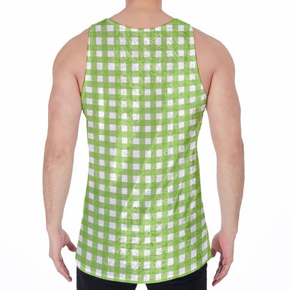 Green And White Check Pattern Print Men's Velvet Tank Top