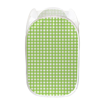 Green And White Check Pattern Print Mesh Laundry Hamper