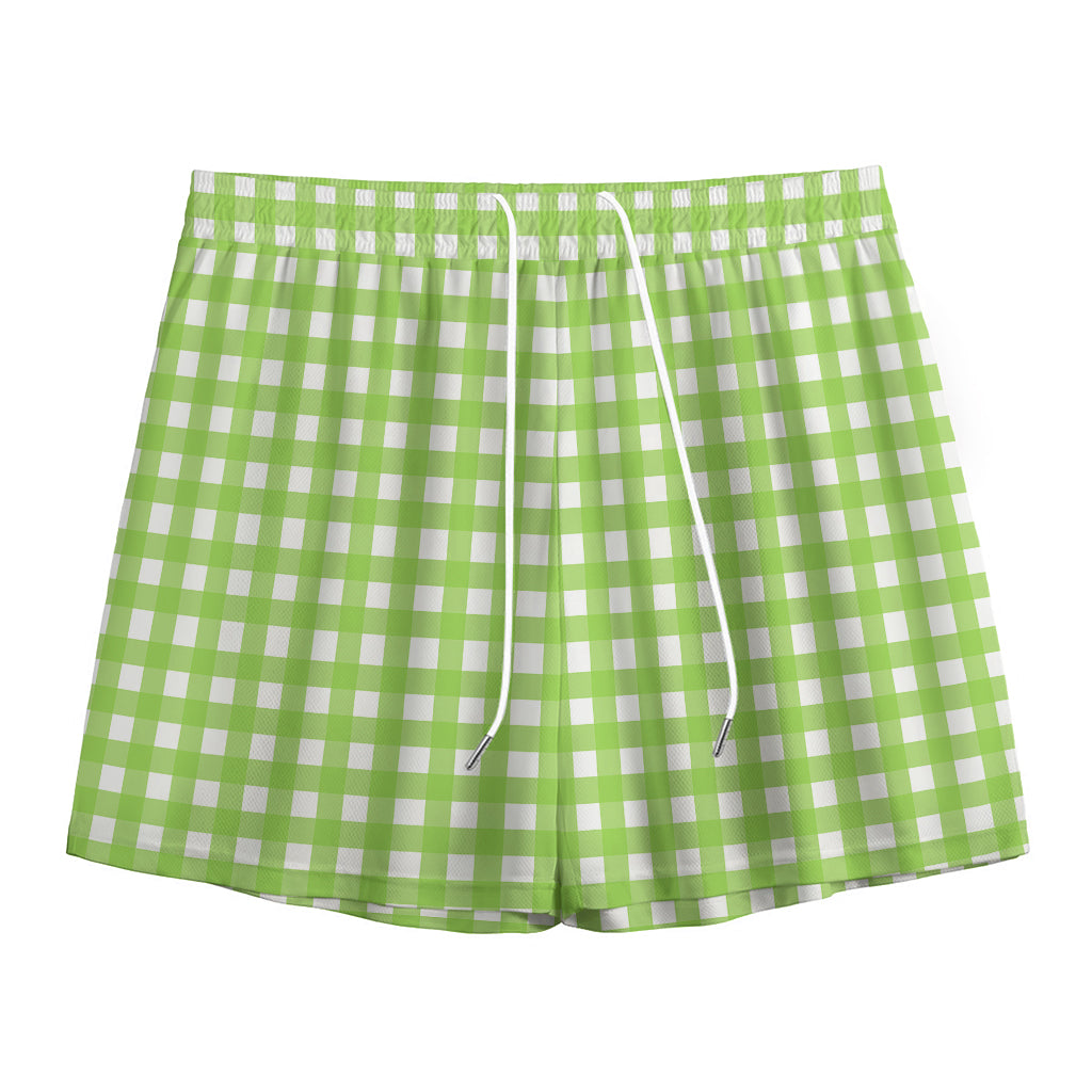 Green And White Check Pattern Print Mesh Shorts