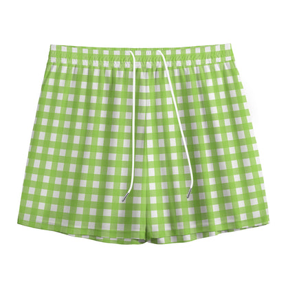 Green And White Check Pattern Print Mesh Shorts