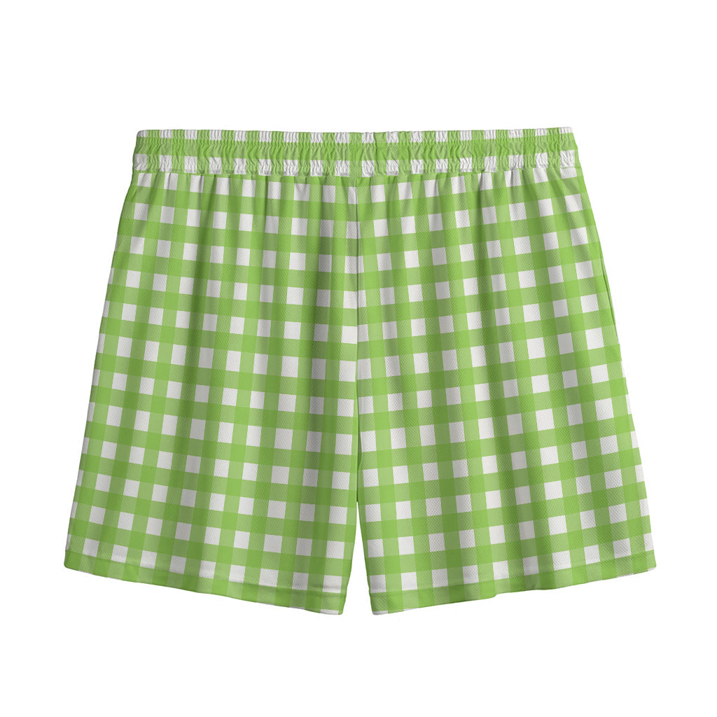 Green And White Check Pattern Print Mesh Shorts