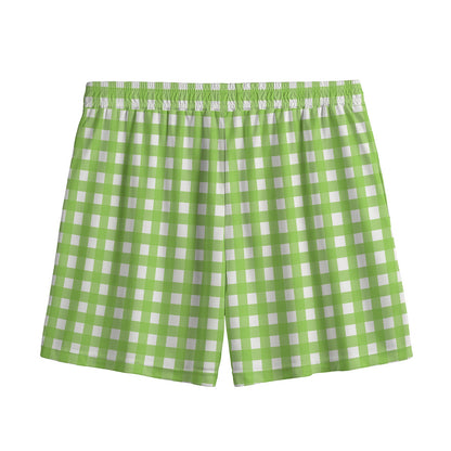 Green And White Check Pattern Print Mesh Shorts