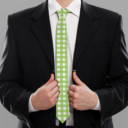 Green And White Check Pattern Print Necktie