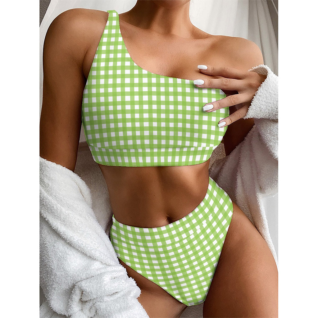 Green And White Check Pattern Print One Shoulder Bikini Top