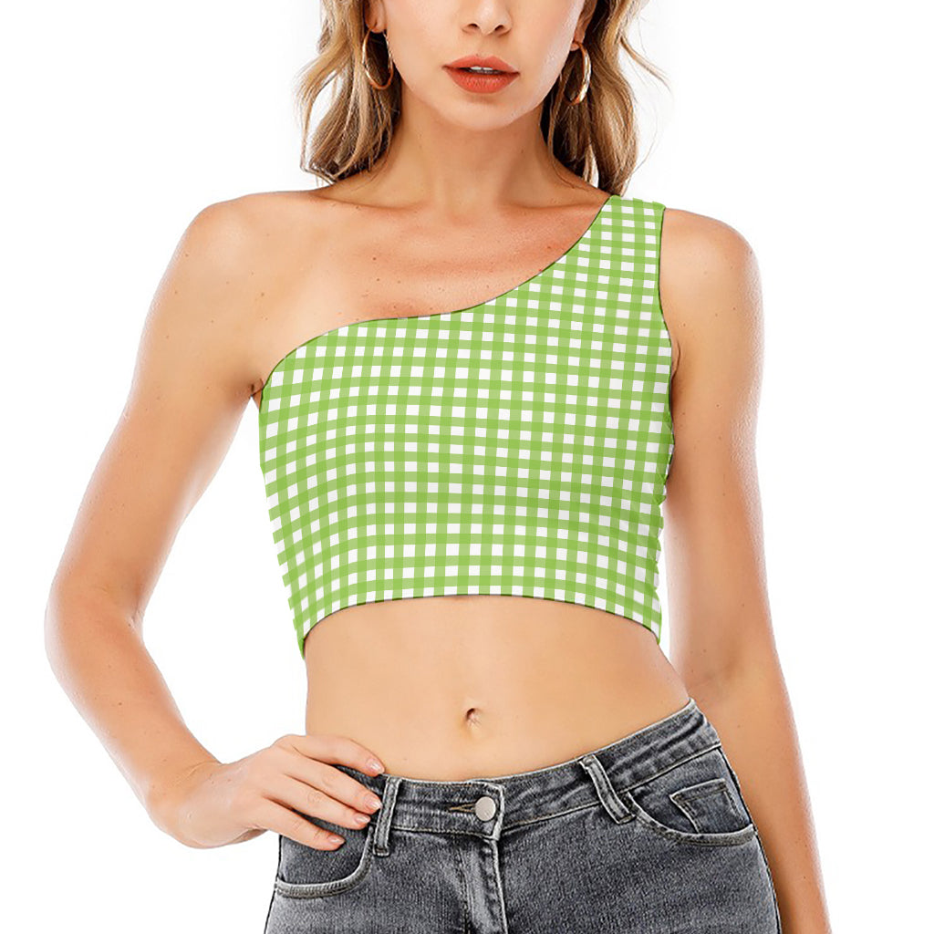 Green And White Check Pattern Print One Shoulder Crop Top