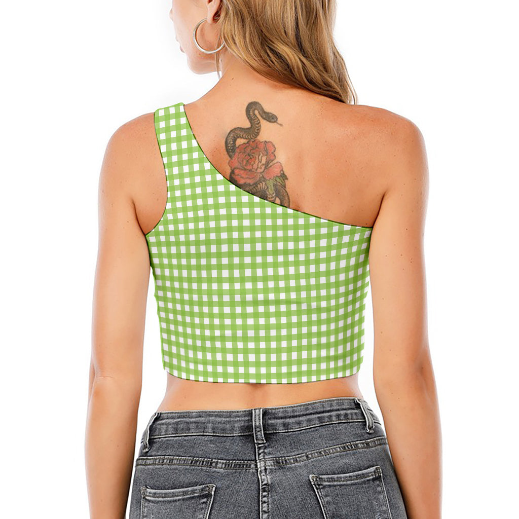Green And White Check Pattern Print One Shoulder Crop Top