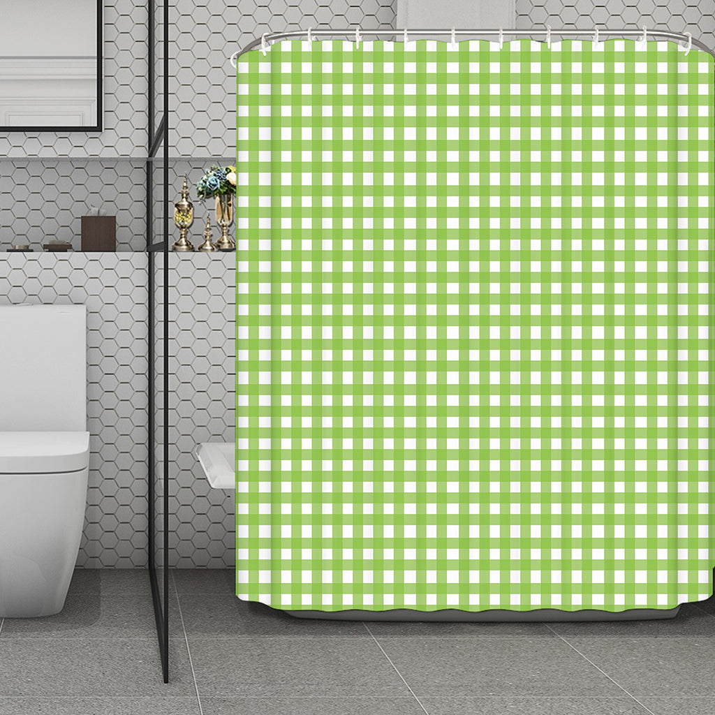 Green And White Check Pattern Print Polyester Shower Curtain