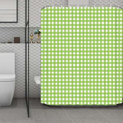 Green And White Check Pattern Print Polyester Shower Curtain