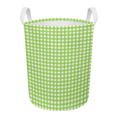 Green And White Check Pattern Print Round Laundry Basket