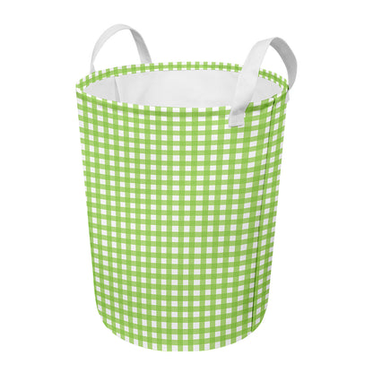 Green And White Check Pattern Print Round Laundry Basket
