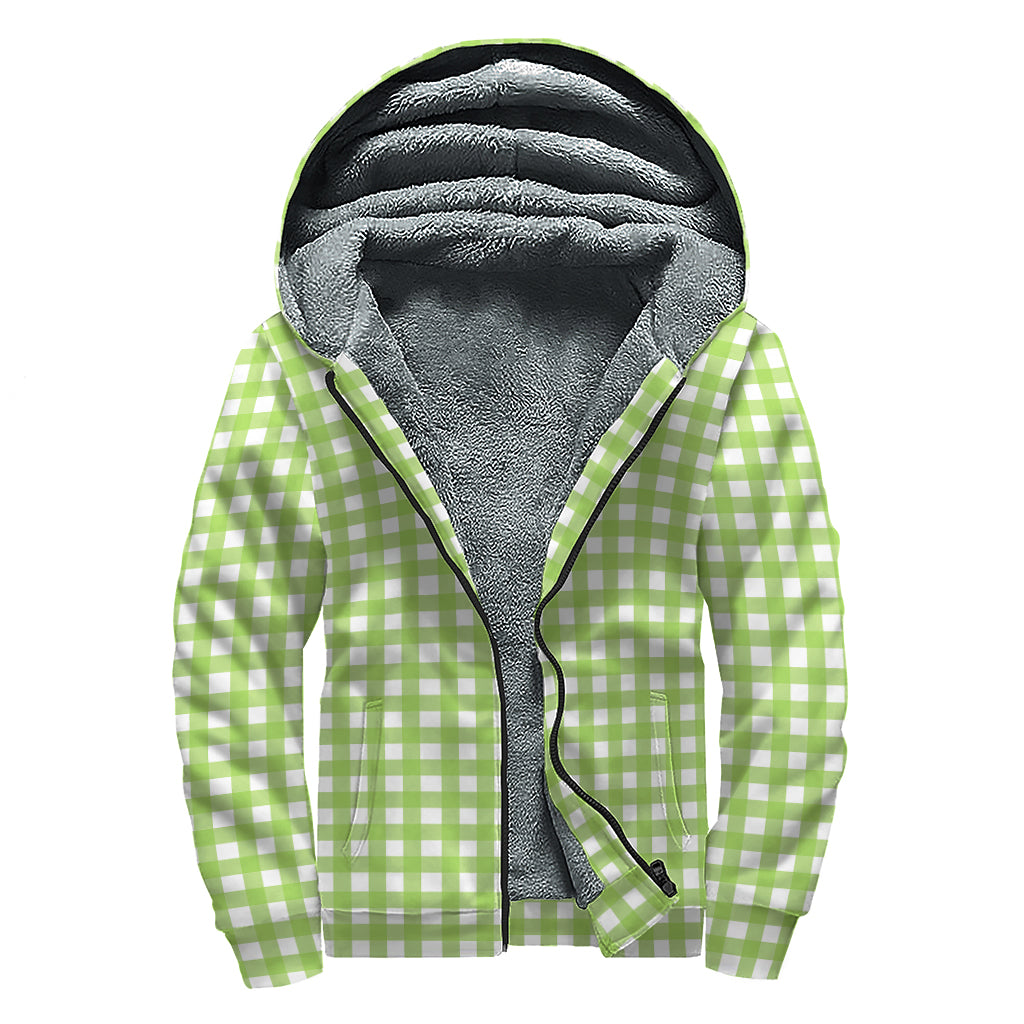 Green And White Check Pattern Print Sherpa Lined Zip Up Hoodie