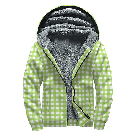 Green And White Check Pattern Print Sherpa Lined Zip Up Hoodie