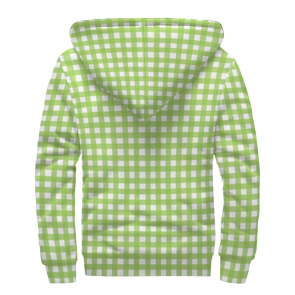 Green And White Check Pattern Print Sherpa Lined Zip Up Hoodie