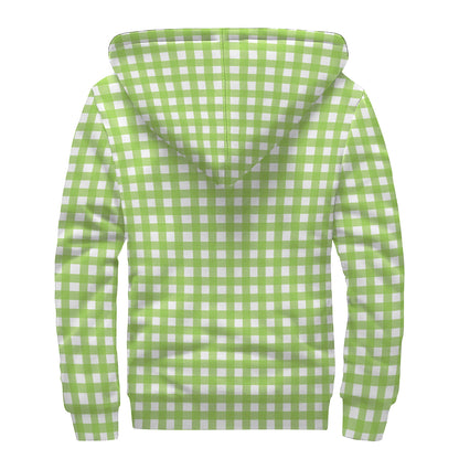 Green And White Check Pattern Print Sherpa Lined Zip Up Hoodie